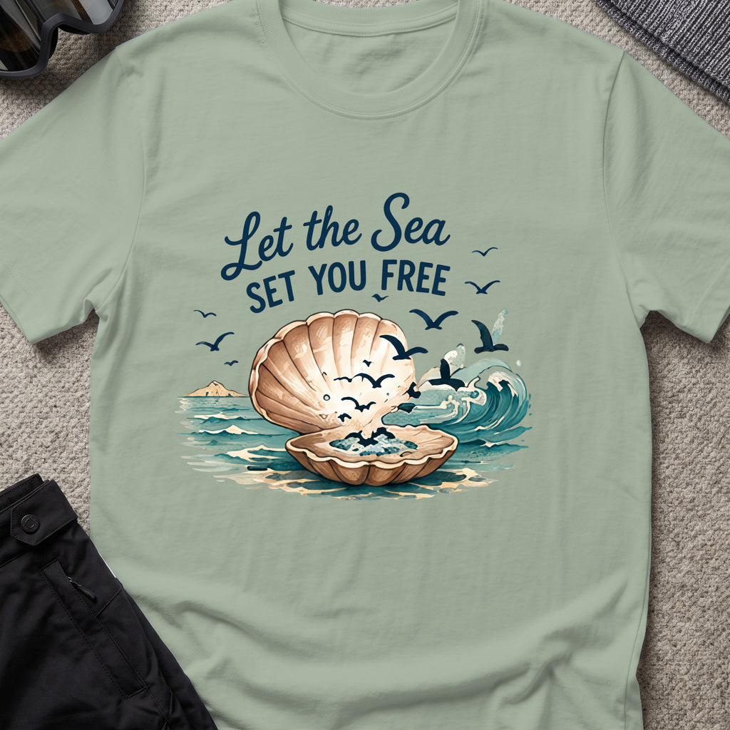 Let the Sea Set You Free T-Shirt in Sage, front view.