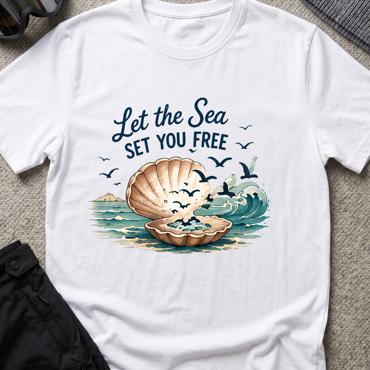 Let the Sea Set You Free T-Shirt in White, front view.