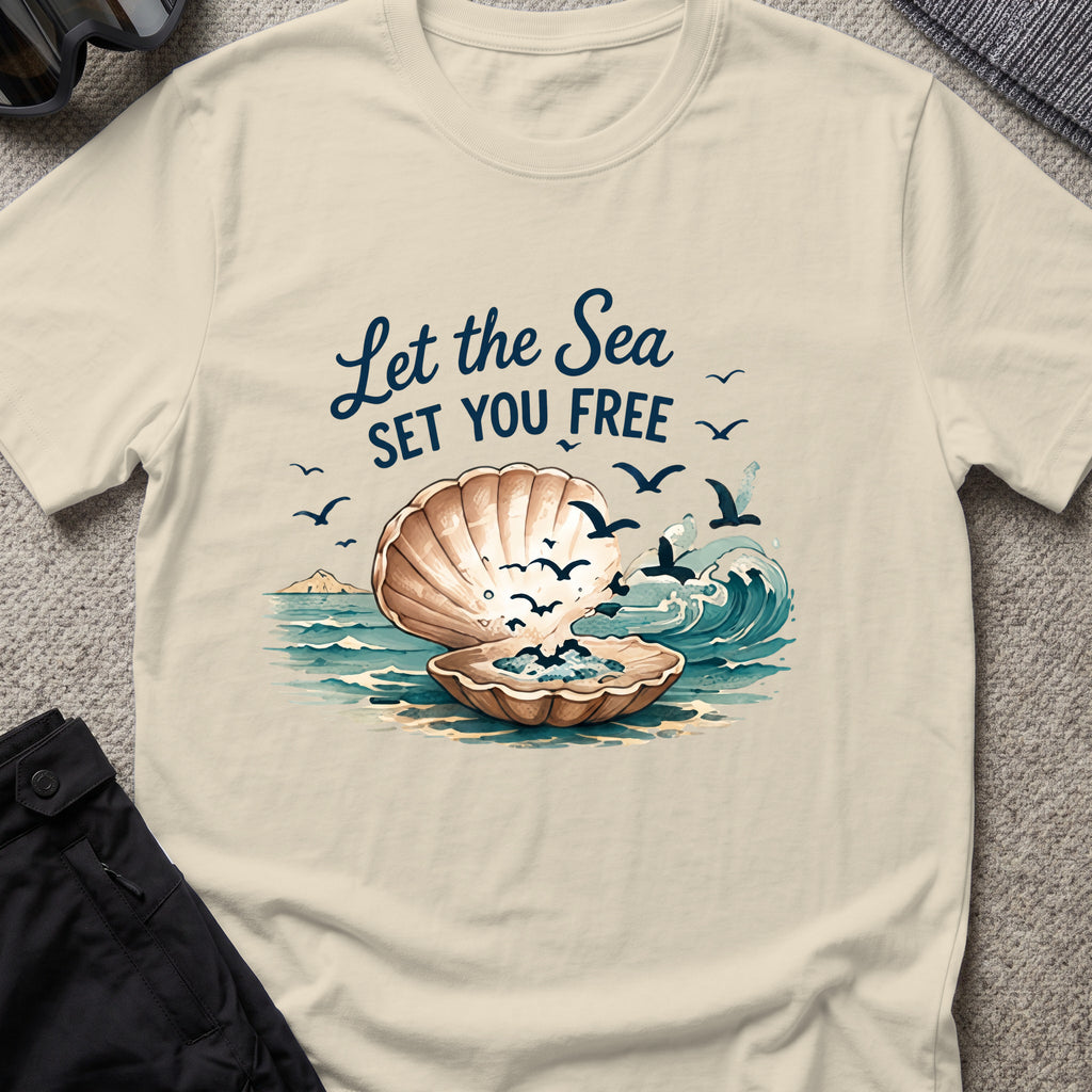 Let the Sea Set You Free T-Shirt in Sand, front view.