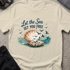 Let the Sea Set You Free T-Shirt in Sand, front view.