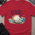 Let the Sea Set You Free T-Shirt in Antique Cherry Red, front view.