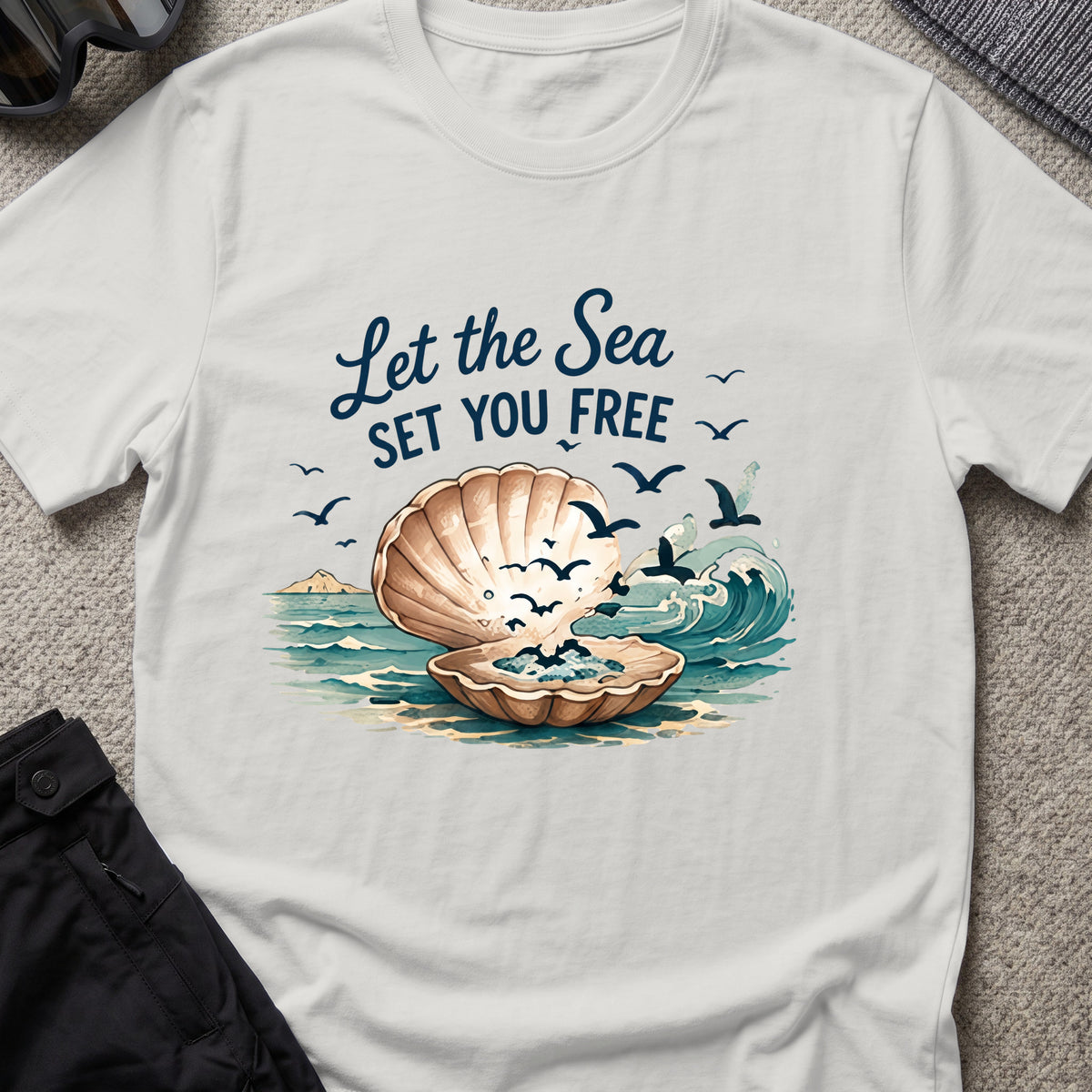 Let the Sea Set You Free T-Shirt in Ice Grey, front view.