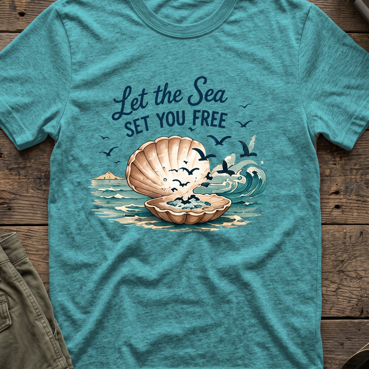 Let the Sea Set You Free T-Shirt in Heather Galapagos Blue, front view.
