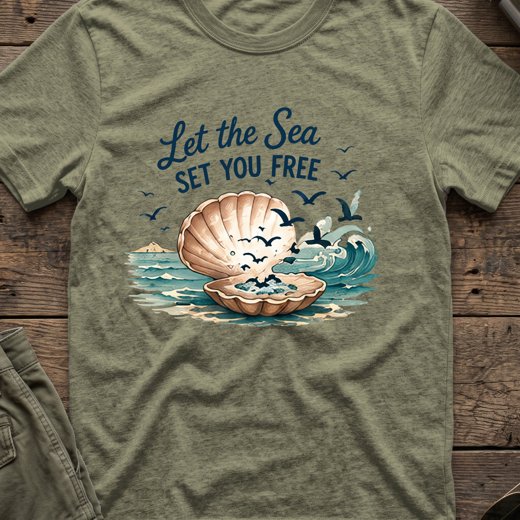 Let the Sea Set You Free T-Shirt in Heather Military Green, front view.
