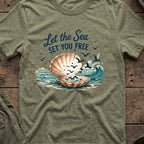 Let the Sea Set You Free T-Shirt in Heather Military Green, front view.