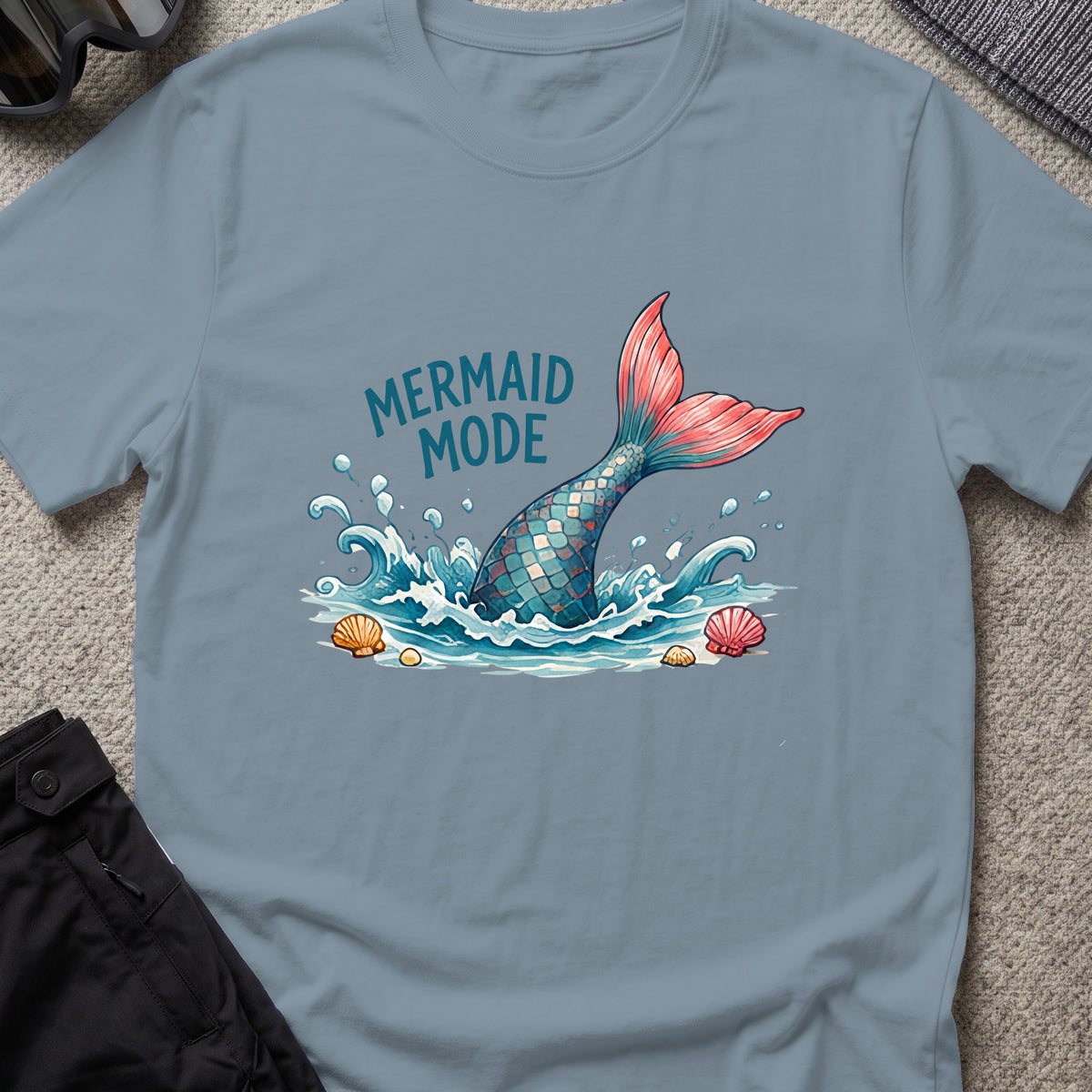 Mermaid Mode T-Shirt in Stone Blue, front view.