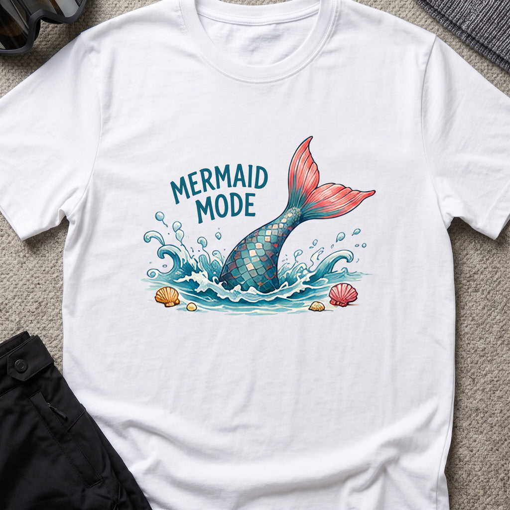 Mermaid Mode T-Shirt in White, front view.