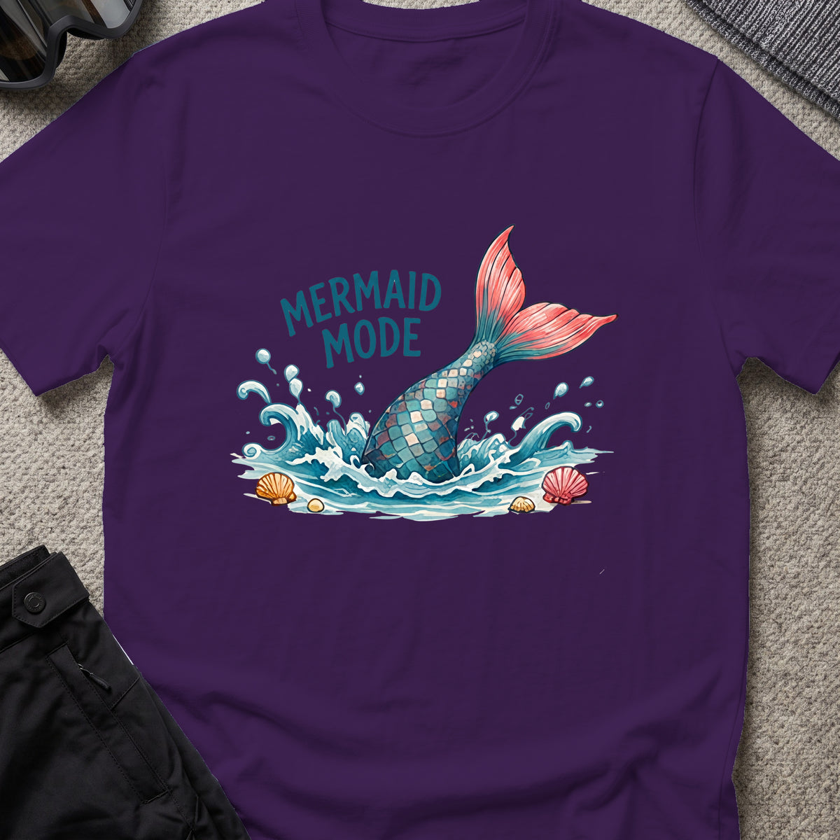 Mermaid Mode T-Shirt in Purple, front view.