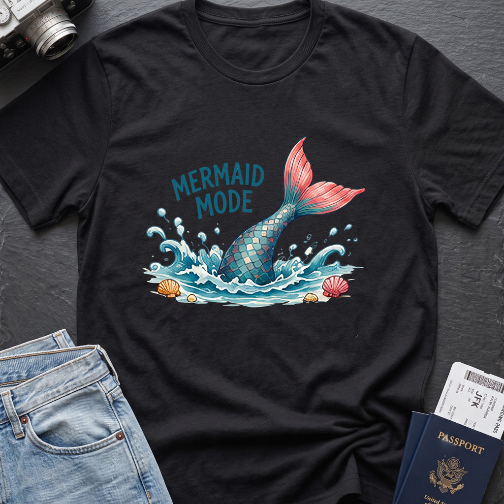 Mermaid Mode T-Shirt in Black, front view.