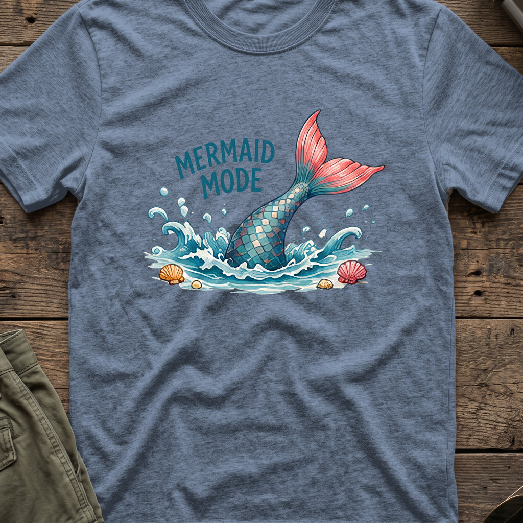 Mermaid Mode T-Shirt in Heather Indigo, front view.