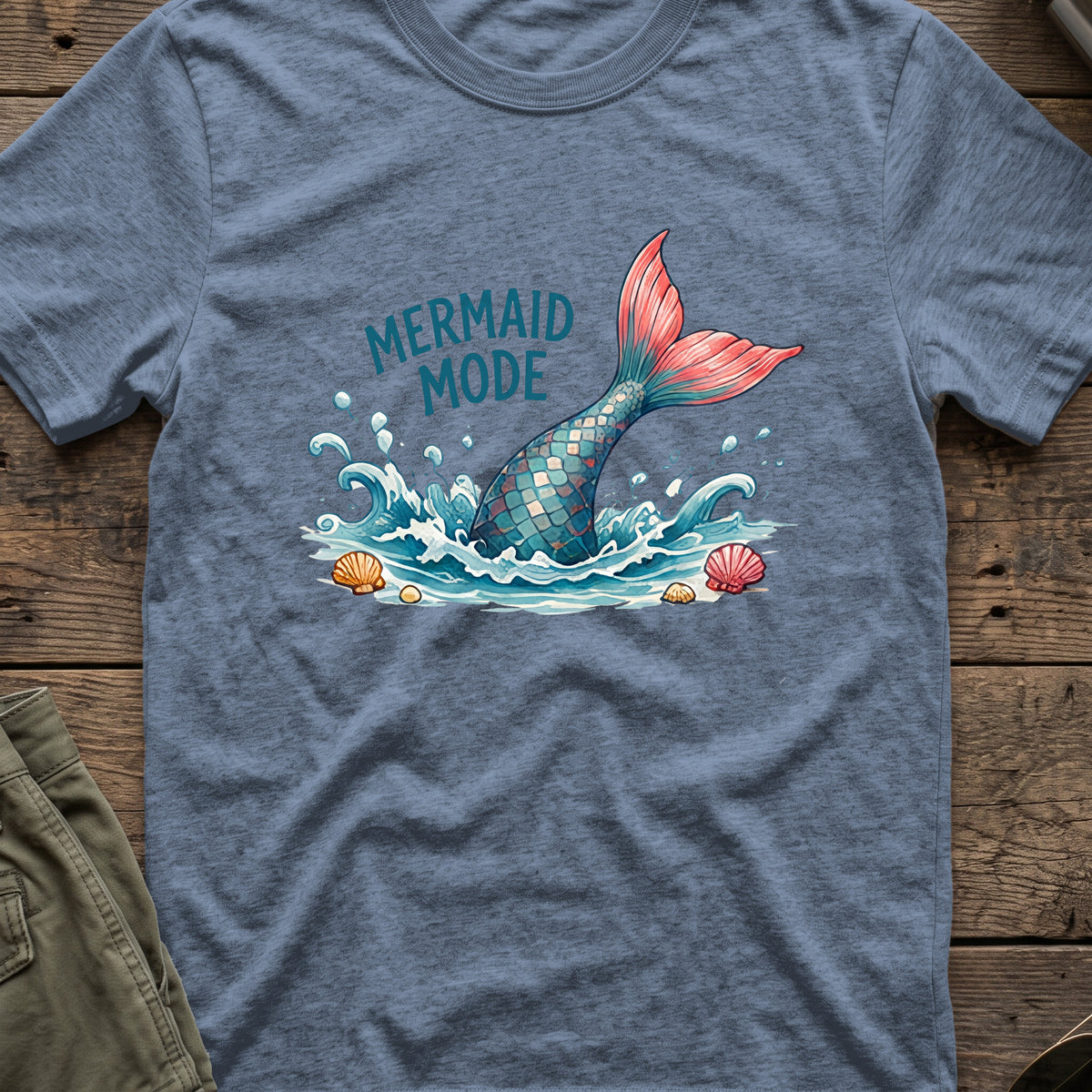 Mermaid Mode T-Shirt in Heather Indigo, front view.