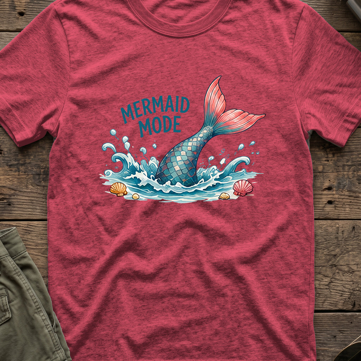 Mermaid Mode T-Shirt in Heather Cardinal, front view.