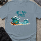 Just Add Water T-Shirt in Stone Blue, front view.