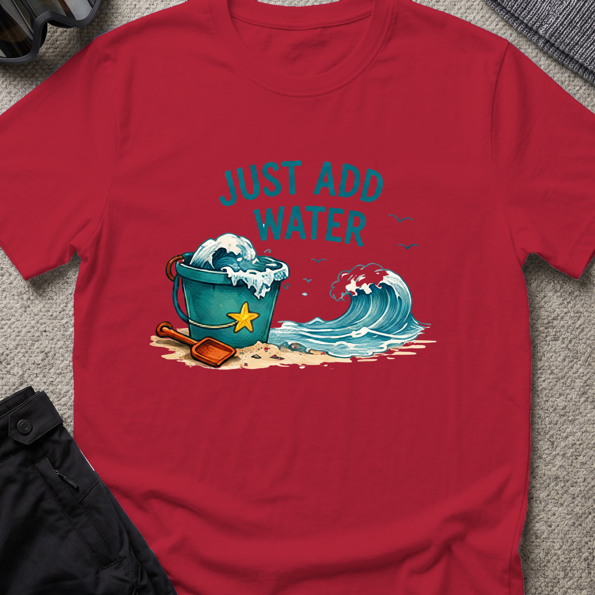 Just Add Water T-Shirt in Antique Cherry Red, front view.