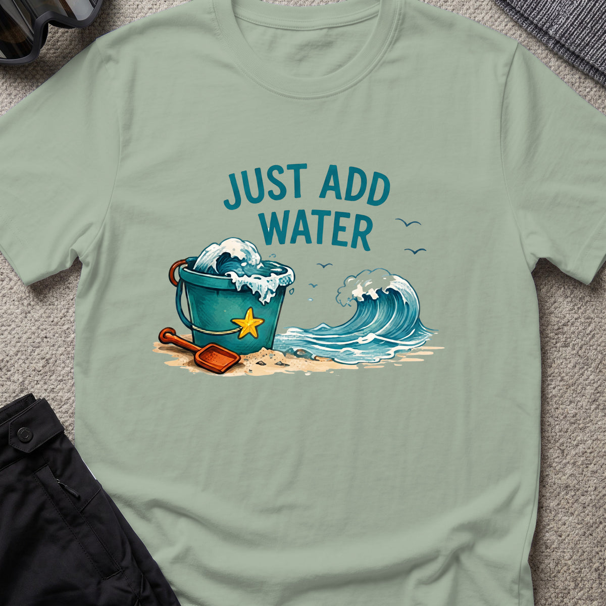 Just Add Water T-Shirt in Sage, front view.