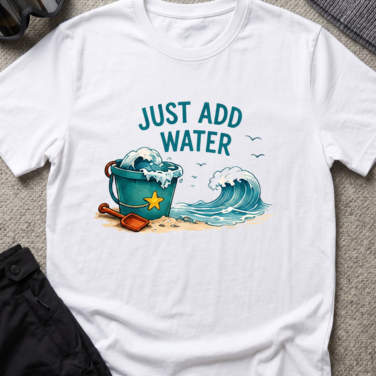 Just Add Water T-Shirt in White, front view.