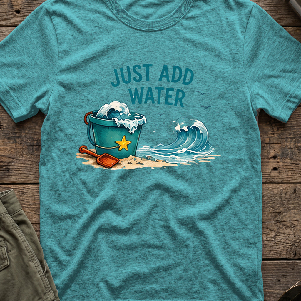 Just Add Water T-Shirt in Heather Galapagos Blue, front view.