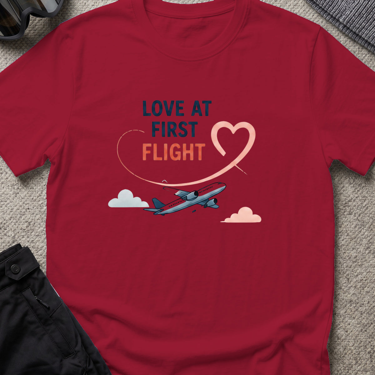 Love at First Flight T-Shirt in Cardinal Red, front view.