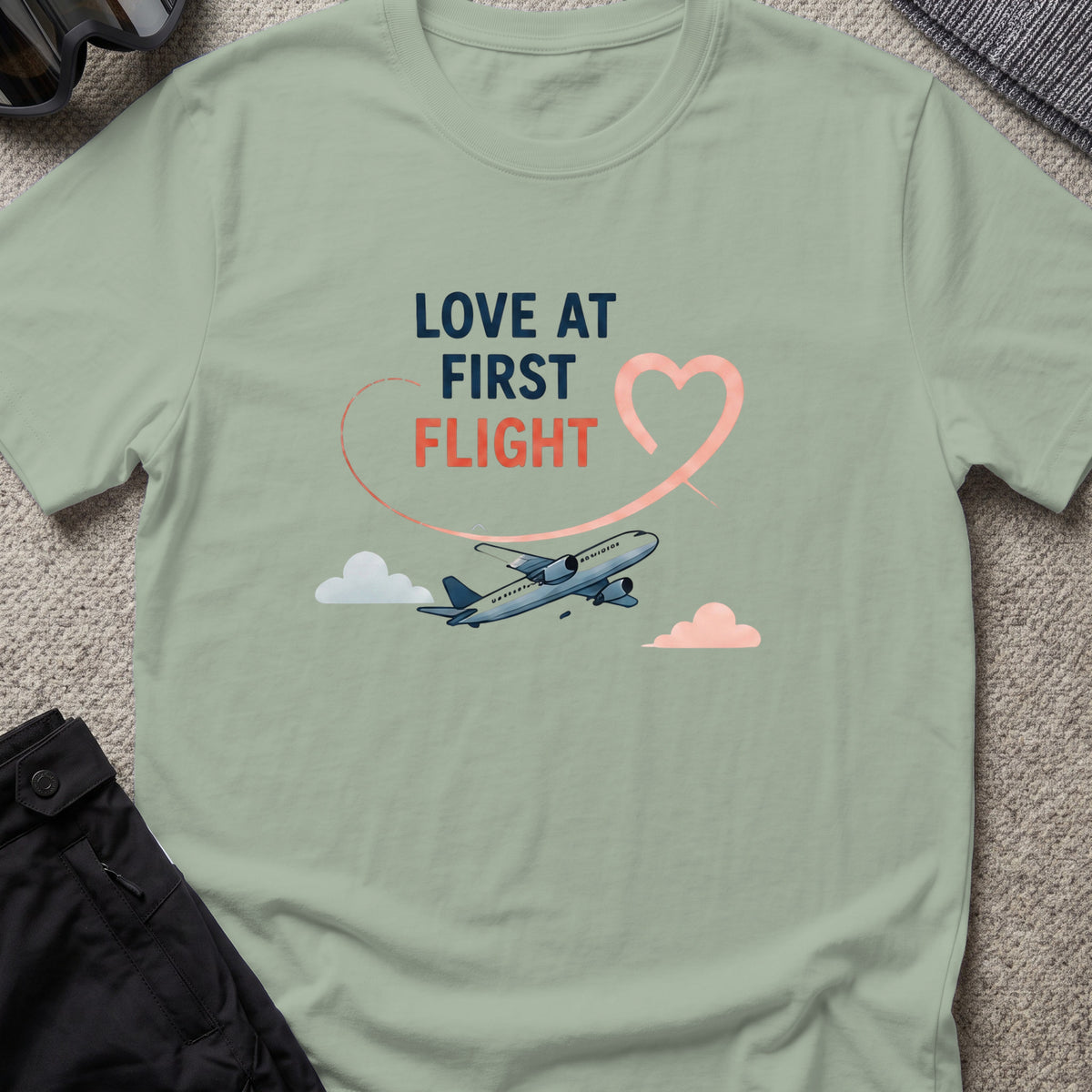 Love at First Flight T-Shirt in Sage, front view.