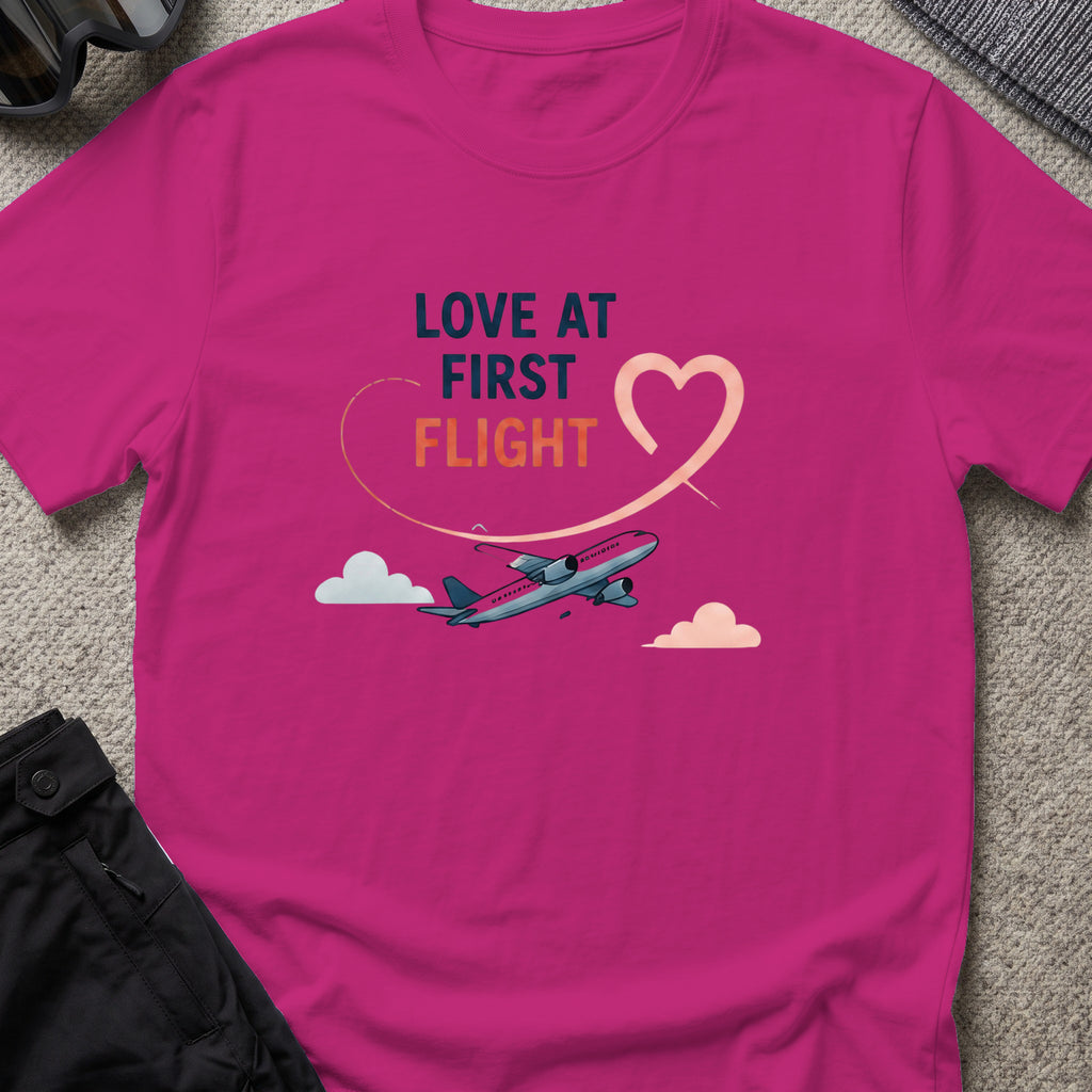 Love at First Flight T-Shirt in Antique Heliconia, front view.
