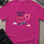 Love at First Flight T-Shirt in Antique Heliconia, front view.