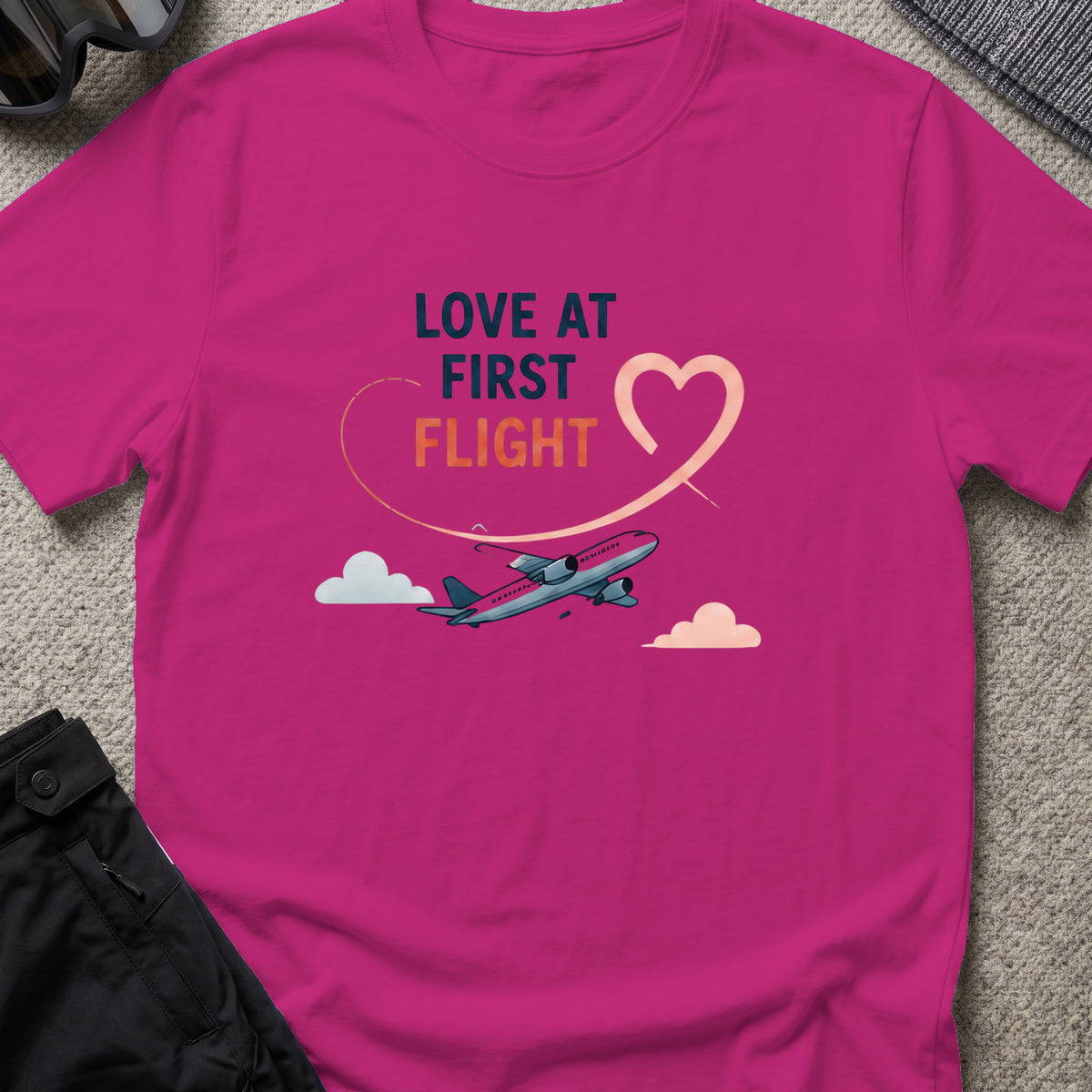 Love at First Flight T-Shirt in Antique Heliconia, front view.