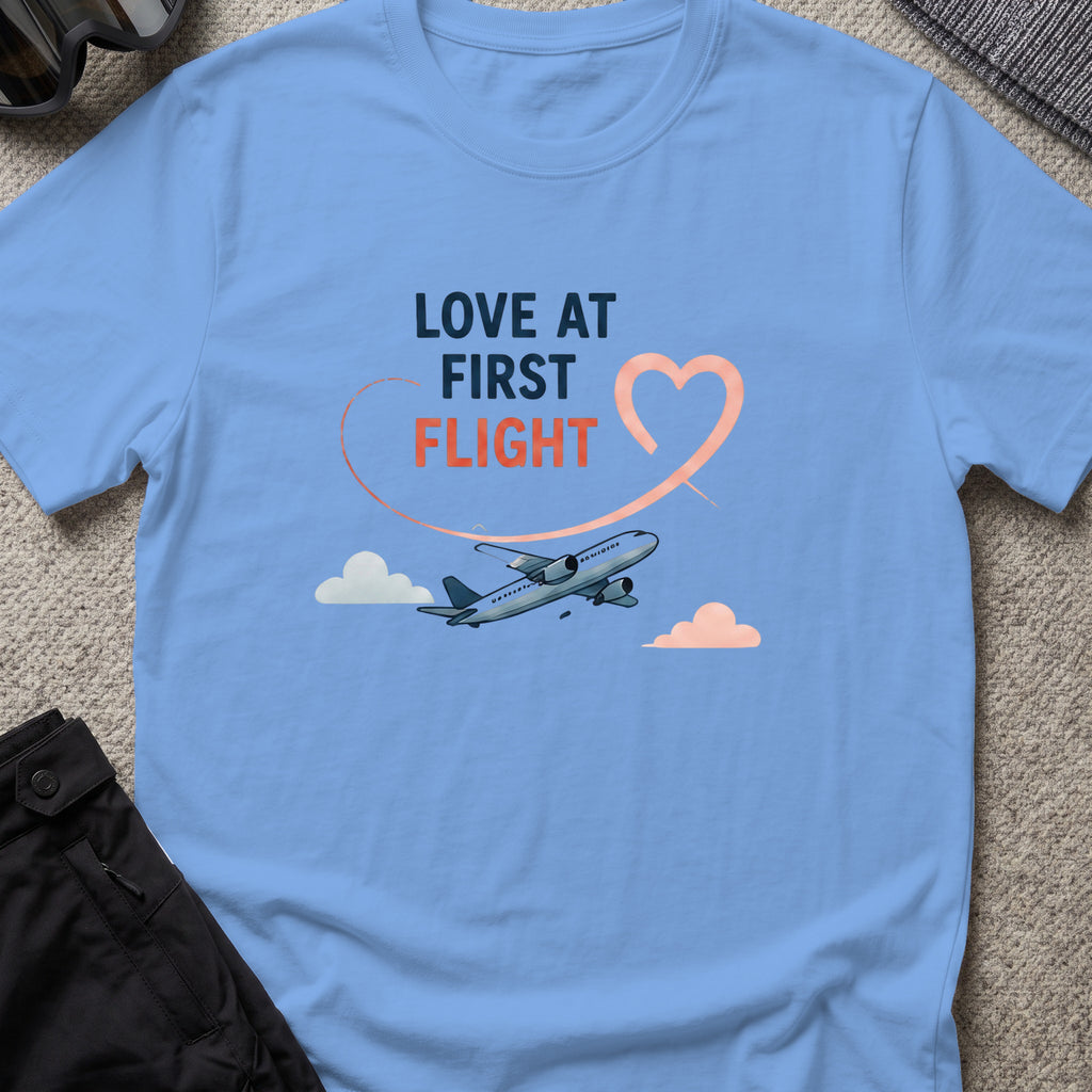 Love at First Flight T-Shirt in Carolina Blue, front view.