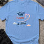Love at First Flight T-Shirt in Carolina Blue, front view.