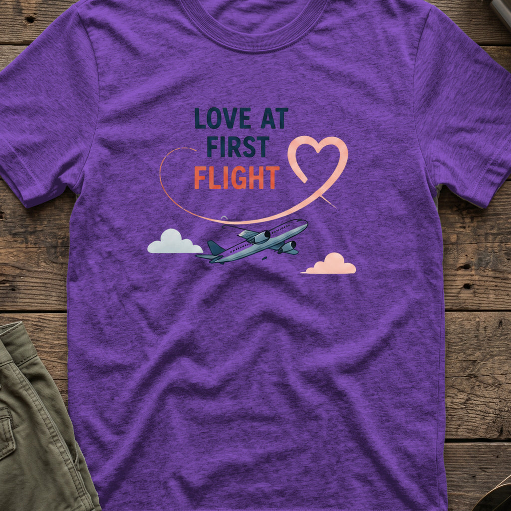 Love at First Flight T-Shirt in Heather Purple, front view.