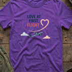 Love at First Flight T-Shirt in Heather Purple, front view.