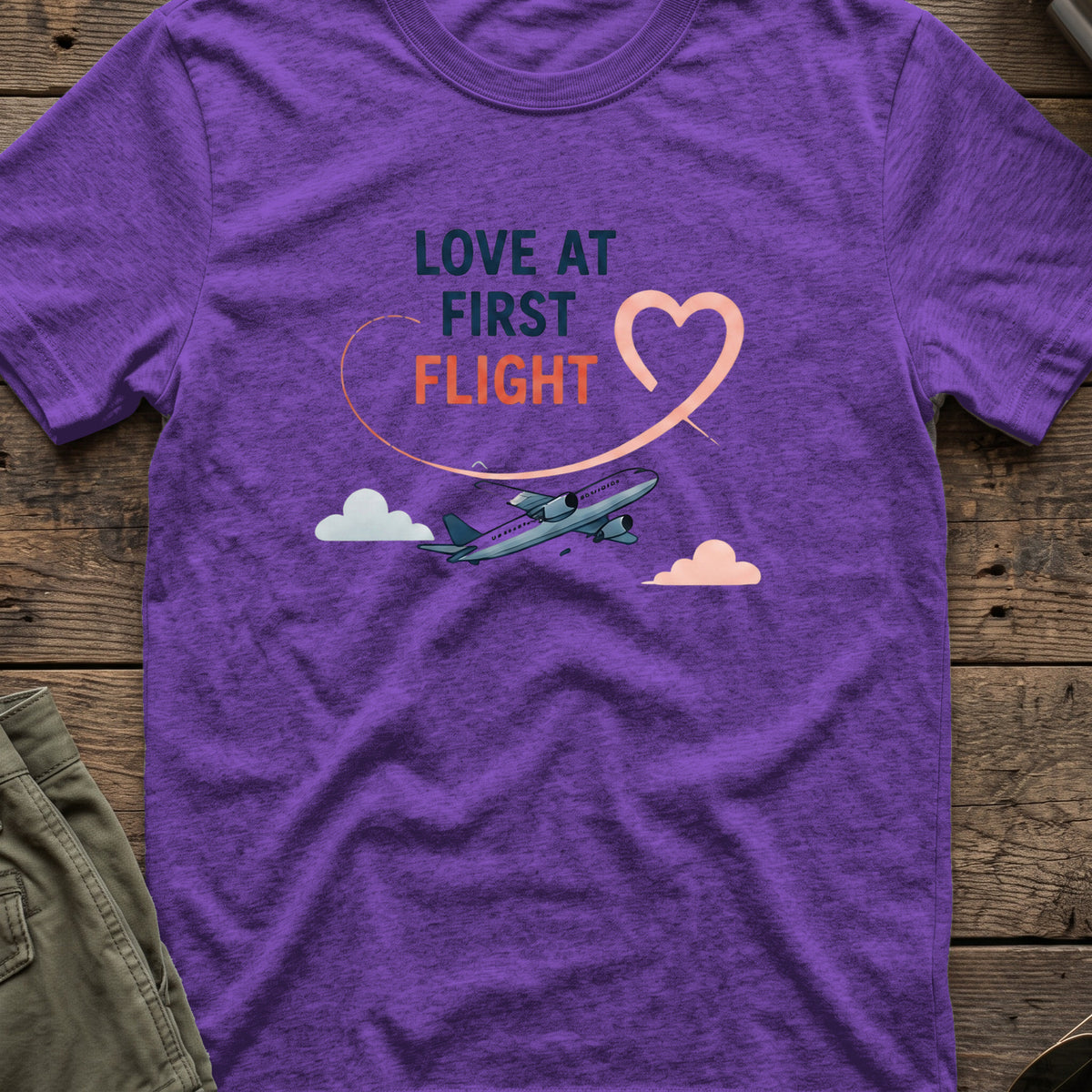 Love at First Flight T-Shirt in Heather Purple, front view.