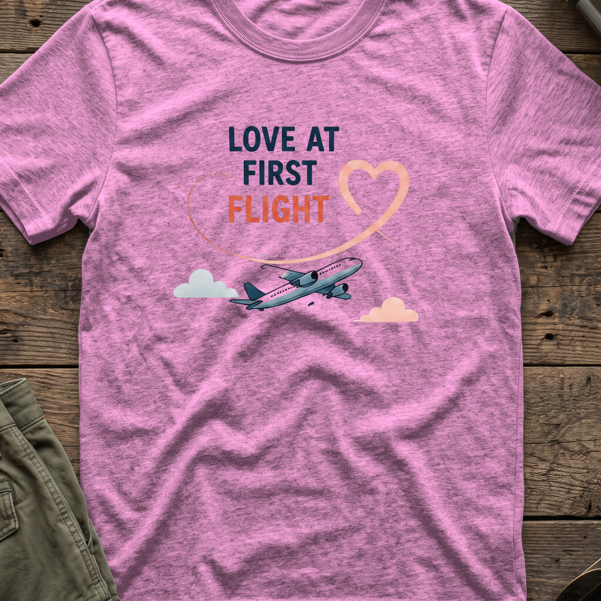 Love at First Flight T-Shirt in Heather Radiant Orchid, front view.