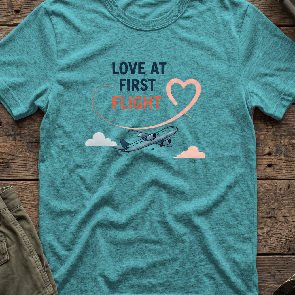 Love at First Flight T-Shirt in Heather Galapagos Blue, front view.