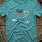 Love at First Flight T-Shirt in Heather Galapagos Blue, front view.
