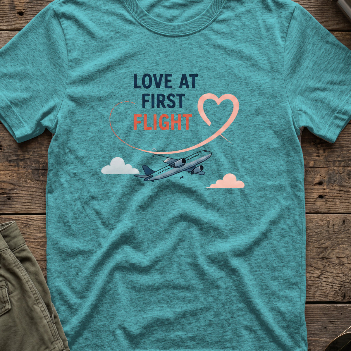 Love at First Flight T-Shirt in Heather Galapagos Blue, front view.