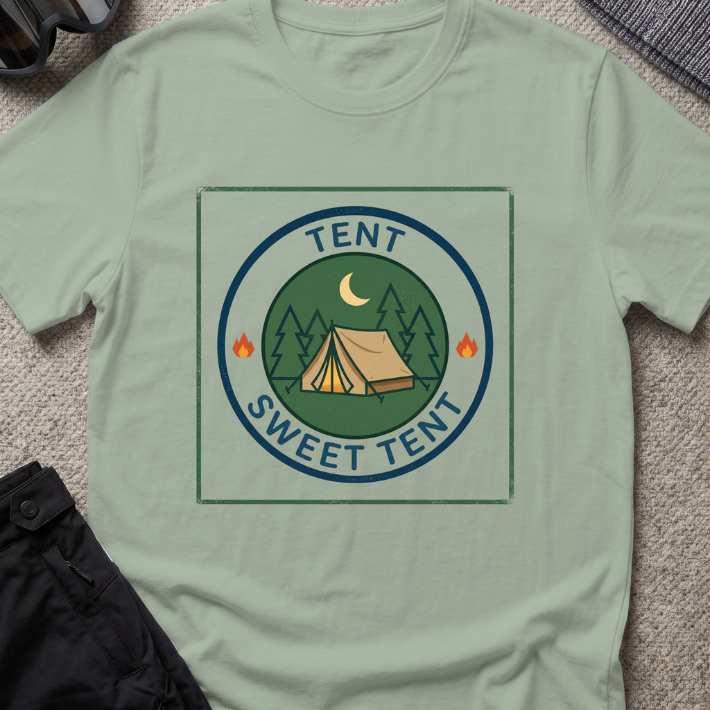 Tent Sweet Tent T-Shirt in Sage, front view.