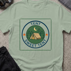 Tent Sweet Tent T-Shirt in Sage, front view.