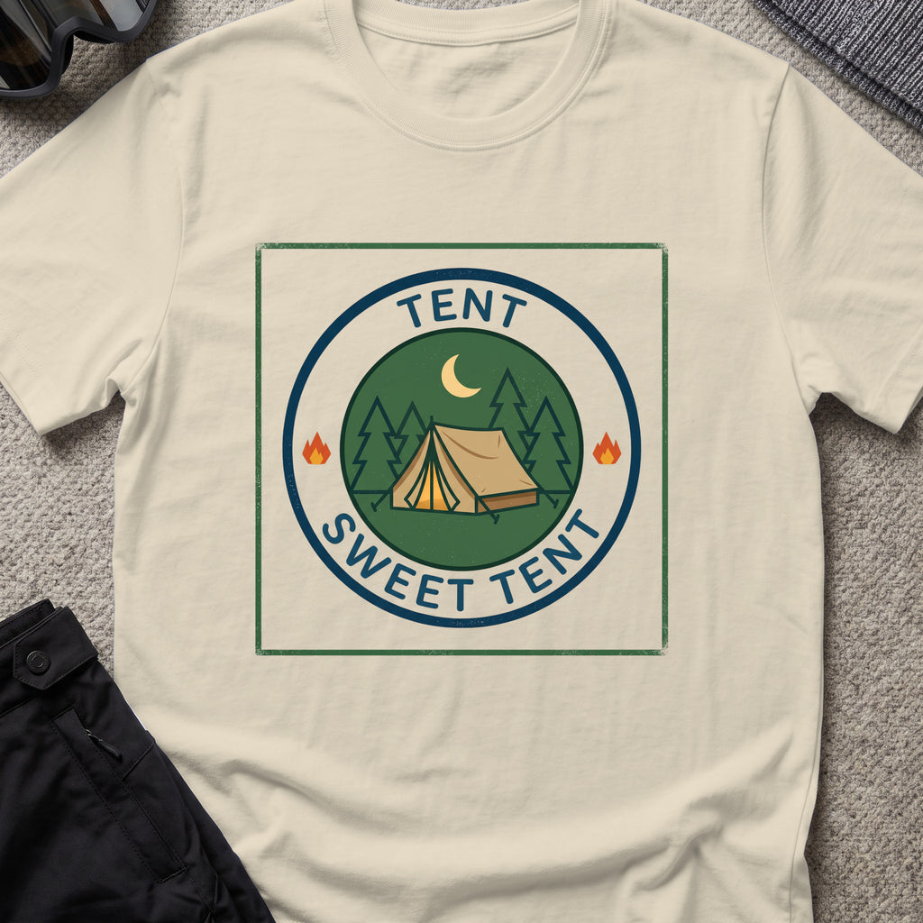 Tent Sweet Tent T-Shirt in Sand, front view.