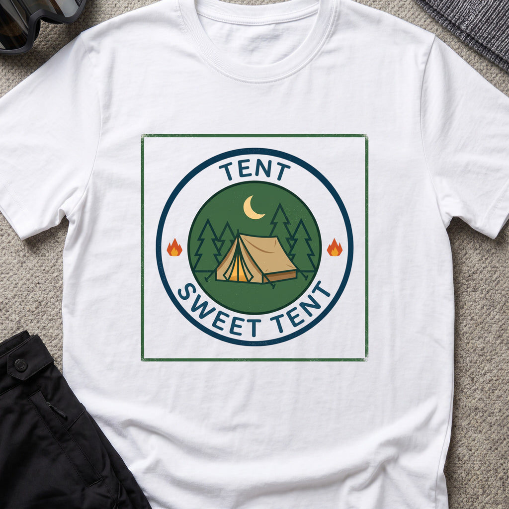 Tent Sweet Tent T-Shirt in White, front view.