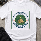 Tent Sweet Tent T-Shirt in White, front view.