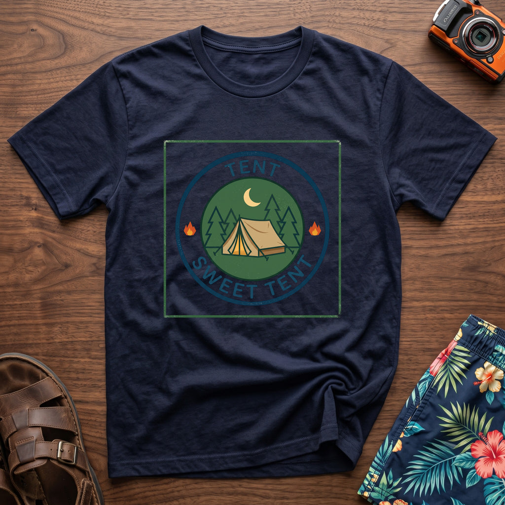 Tent Sweet Tent T-Shirt in Navy, front view.