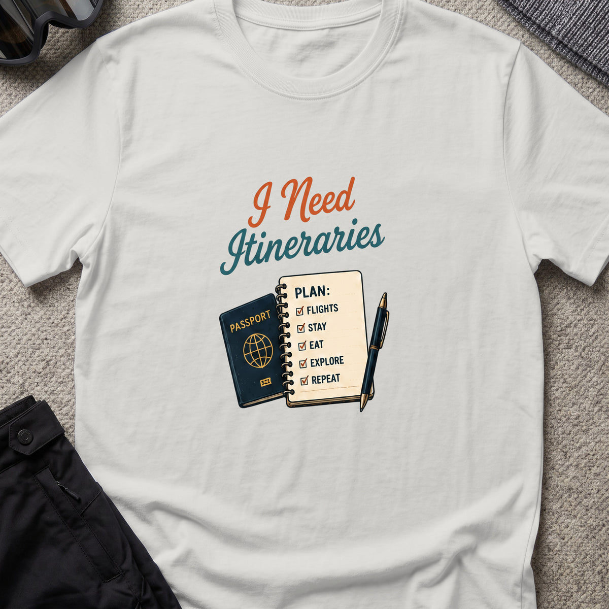 I Need Itineraries T-Shirt in Ice Grey, front view.