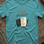 I Need Itineraries T-Shirt in Heather Galapagos Blue, front view.