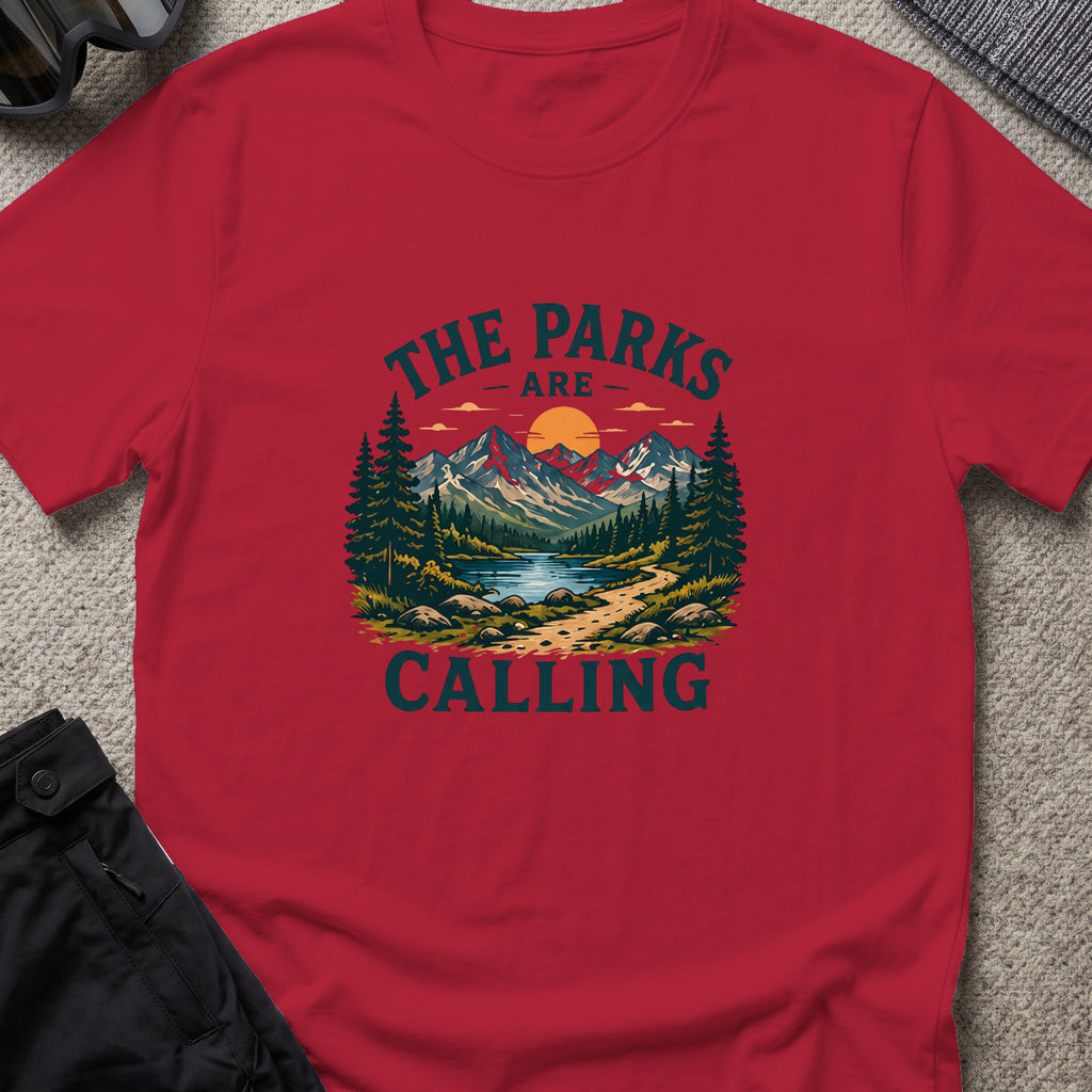 The Parks are Calling T-Shirt in Antique Cherry Red, front view.