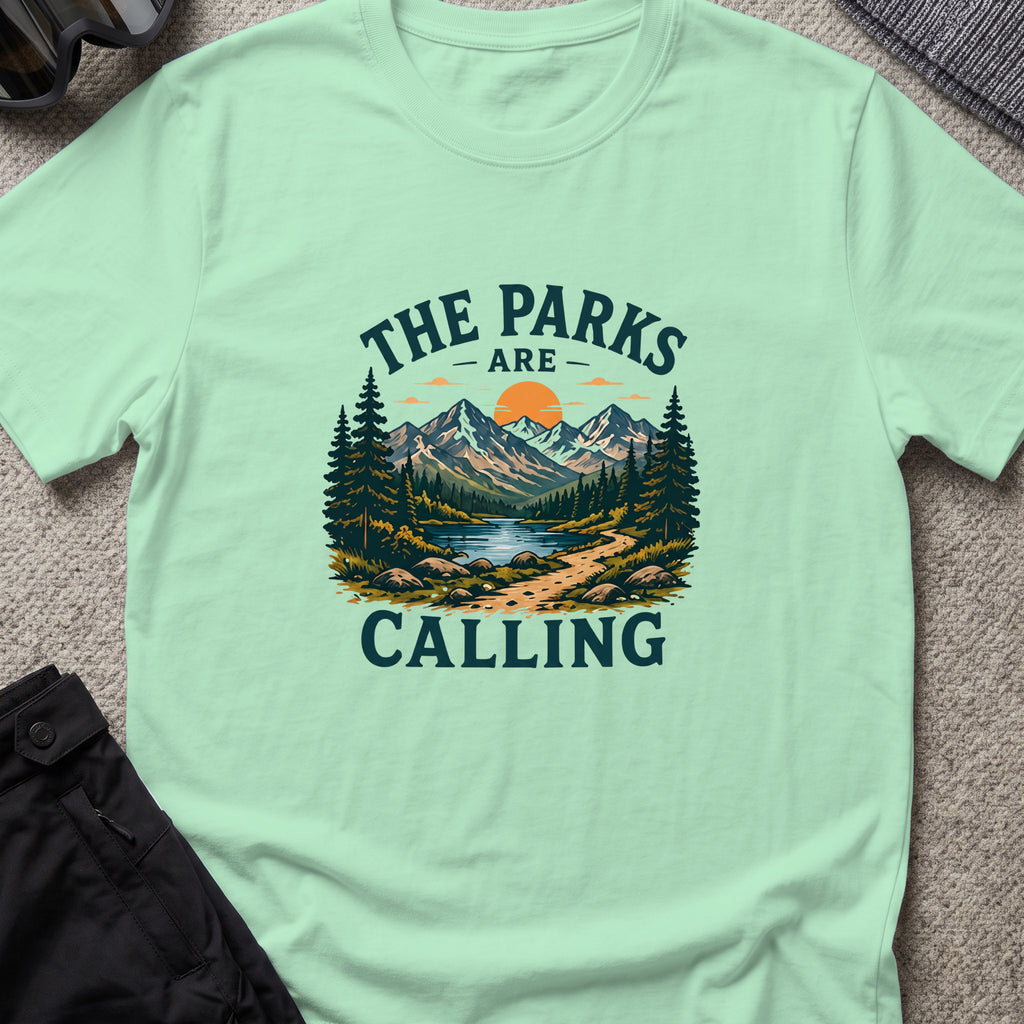 The Parks are Calling T-Shirt in Mint Green, front view.