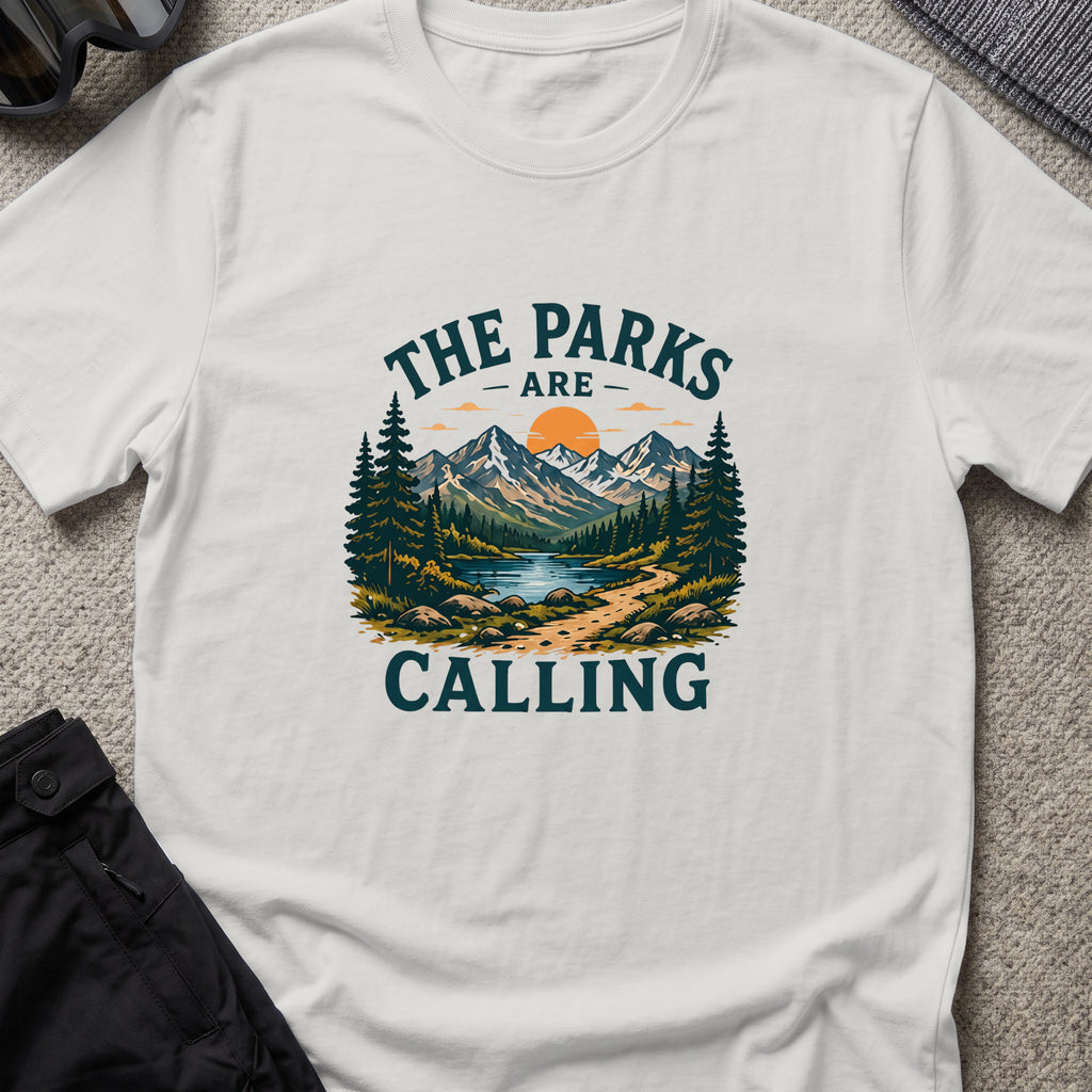 The Parks are Calling T-Shirt in Ice Grey, front view.