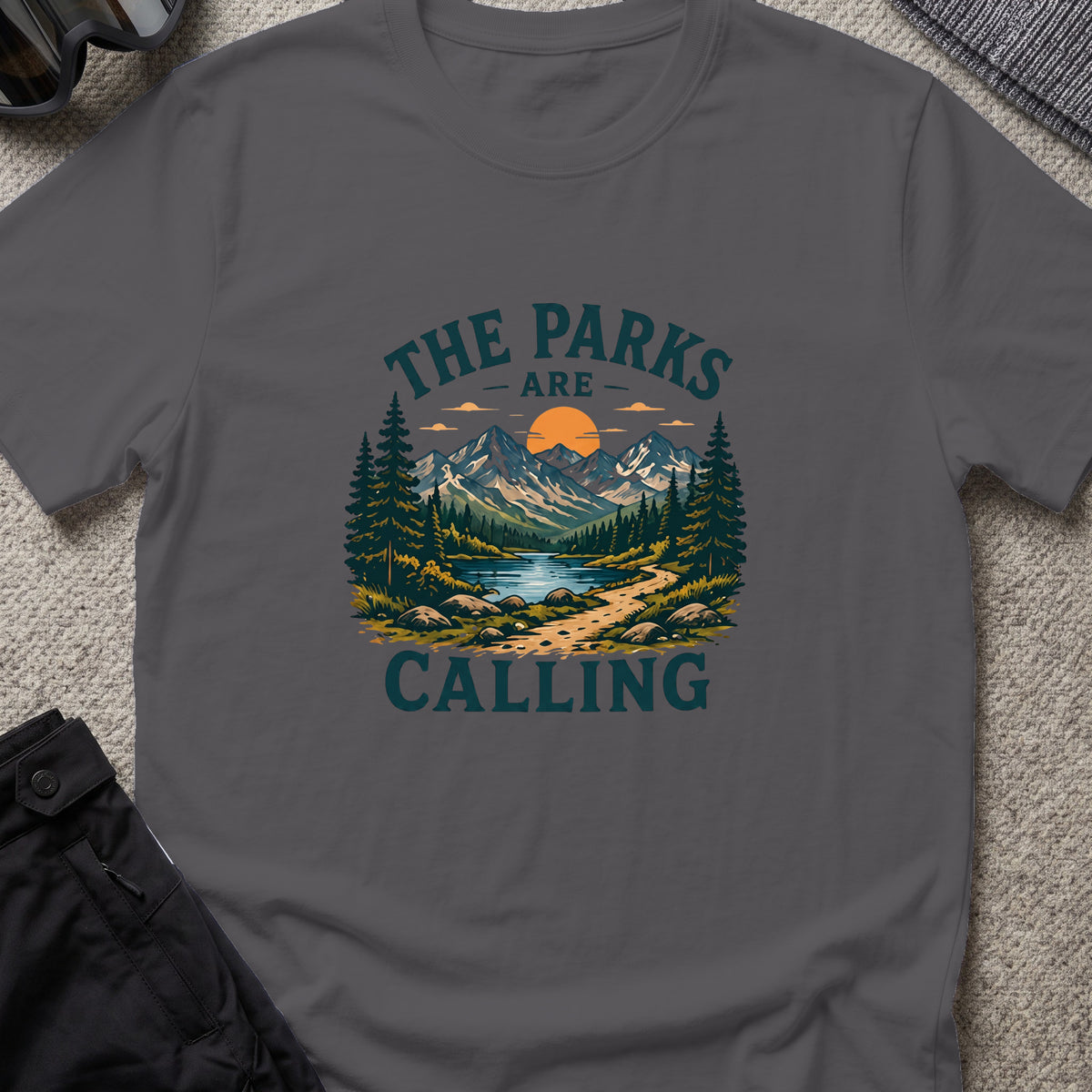 The Parks are Calling T-Shirt in Charcoal, front view.