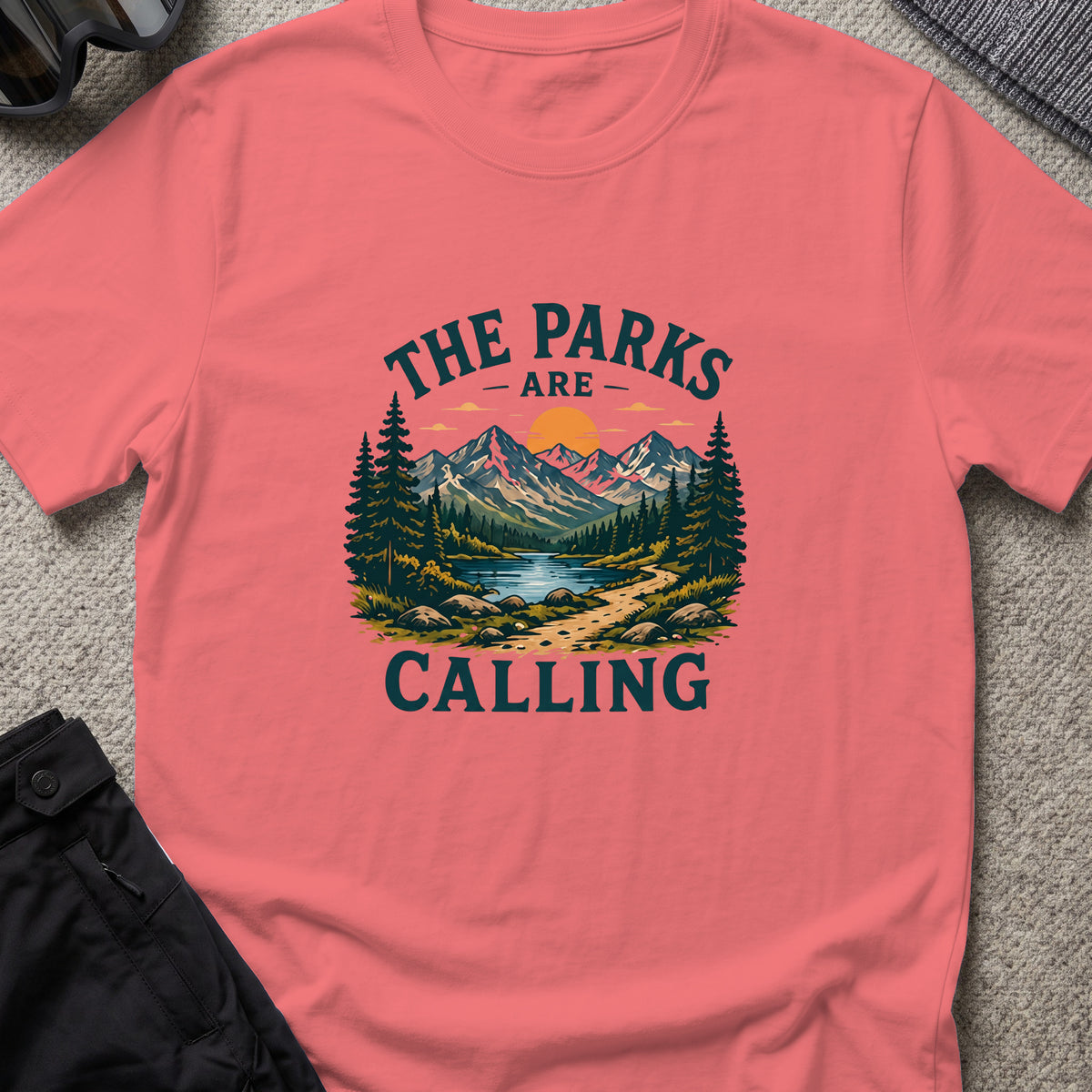 The Parks are Calling T-Shirt in Coral Silk, front view.