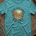 Take the Long Way Home T-Shirt in Heather Galapagos Blue, front view.
