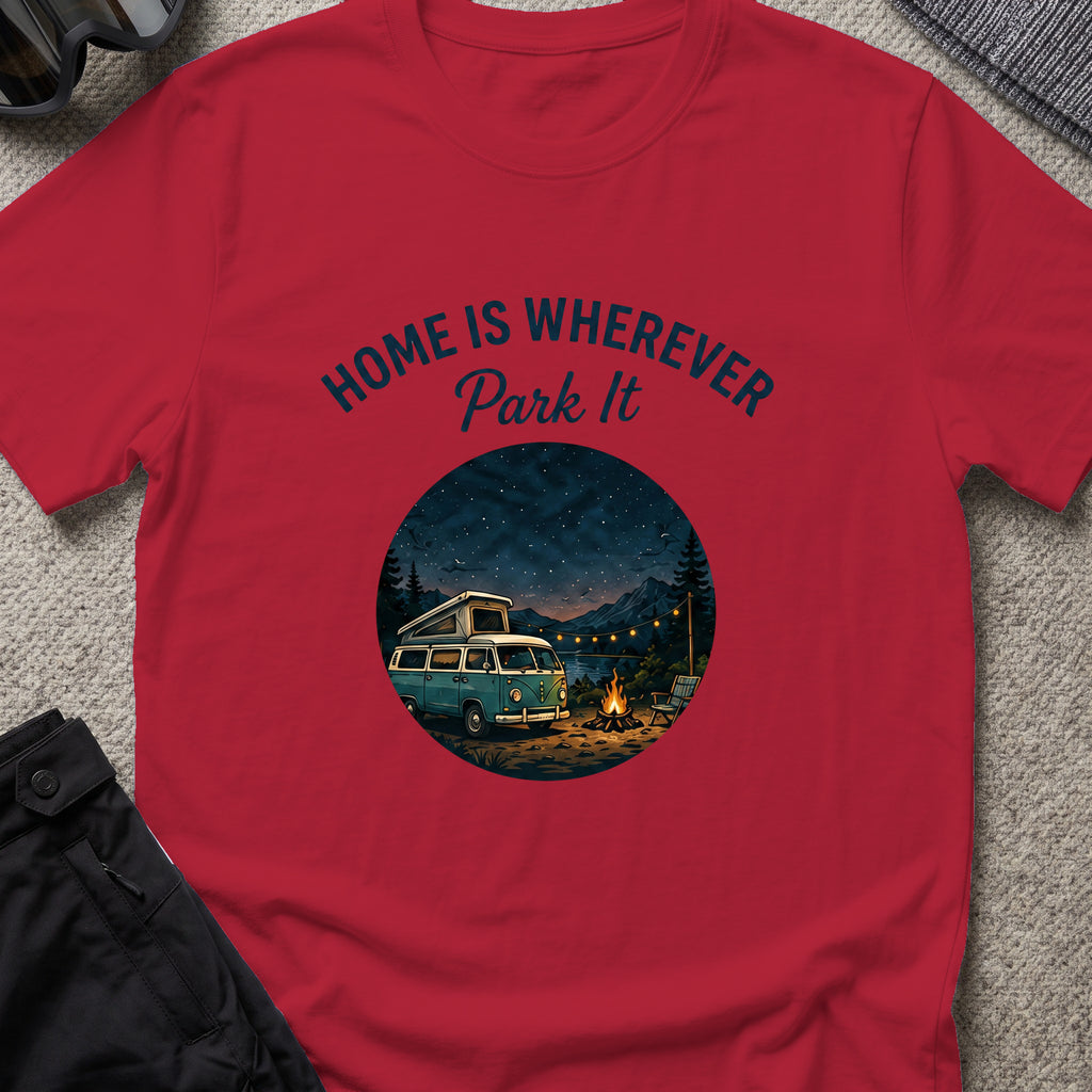 Home is Wherever, Park It T-Shirt in Antique Cherry Red, front view.
